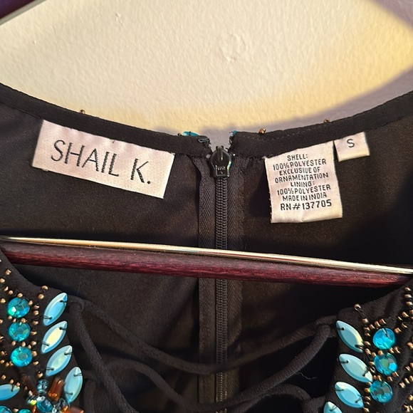 Shail K black long sleeve tie shift dress with blue and gold jewels - Picture 7 of 7